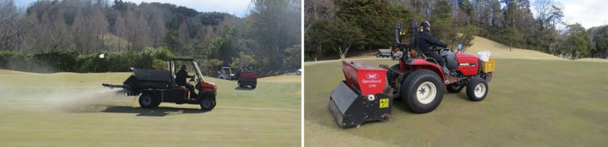 インターシードの様子（左：砂まき、右：種まき）