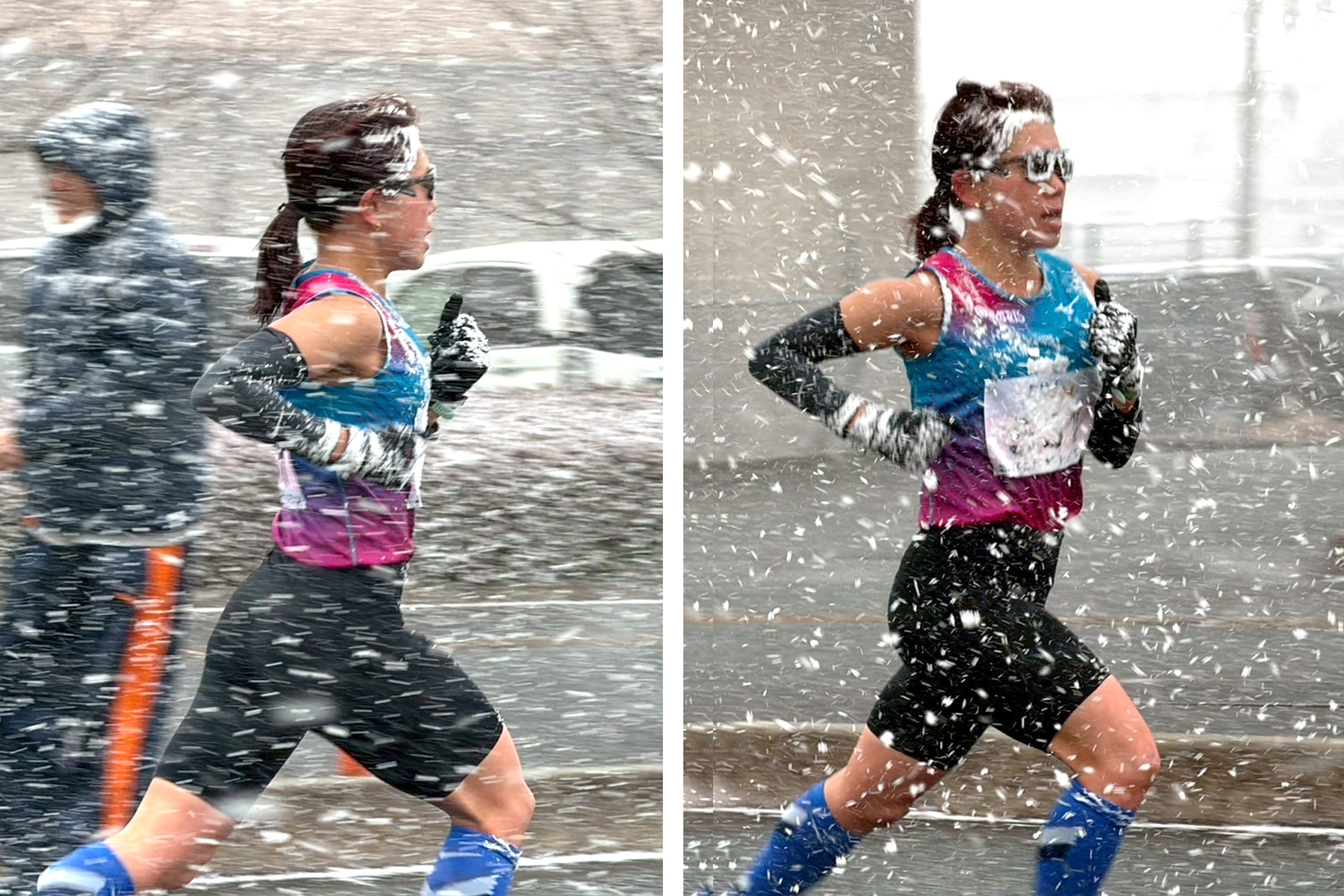 雪が舞う中で走る西川