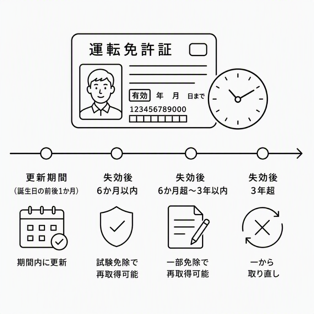 運転免許証と失効タイムラインのアイコン（driver license renewal timeline icon